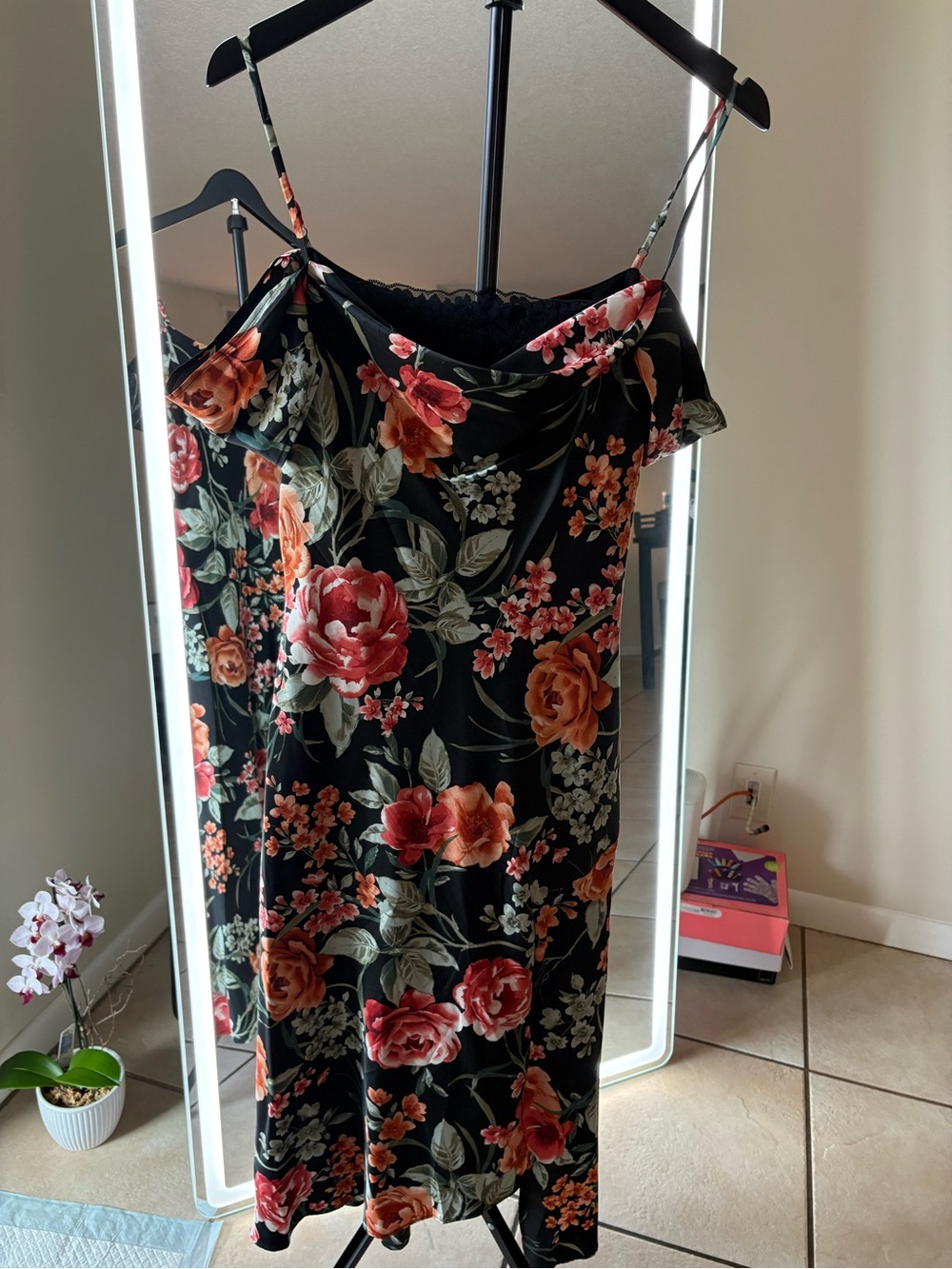 I.N. San Francisco Black Floral Slip Dress with Adjustable Straps
